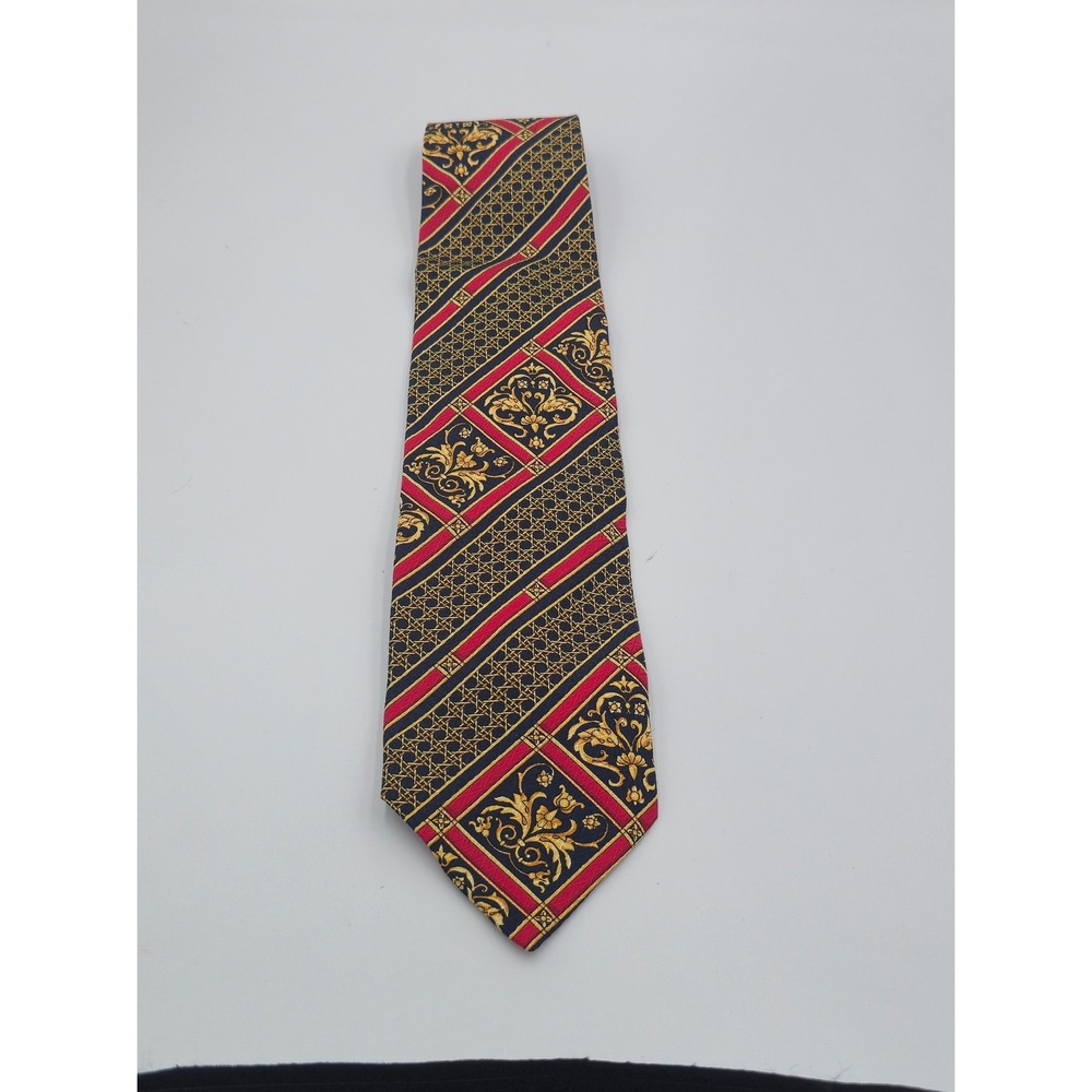 V2 by Versace Mens Silk Necktie Red Navy Blue Gold Baroque Floral Stripe Tie